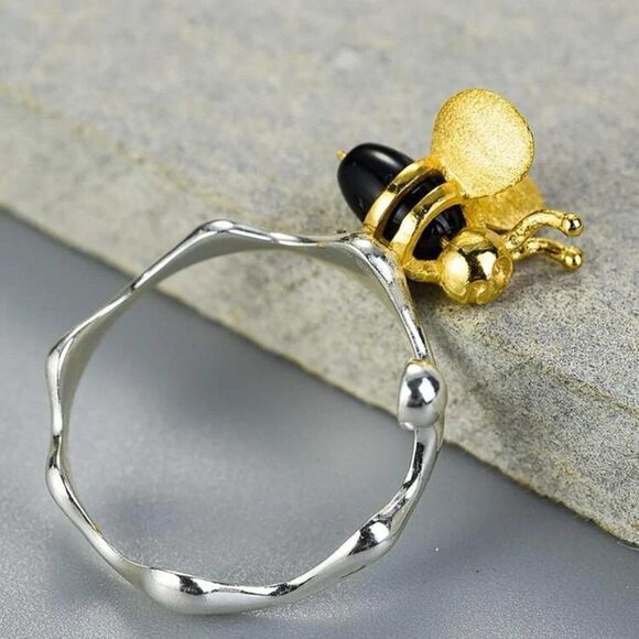 925 Sterling Silver & 18K Gold Plated Honey Drip Bumblebee Ring Size 9 - Picture 3 of 7